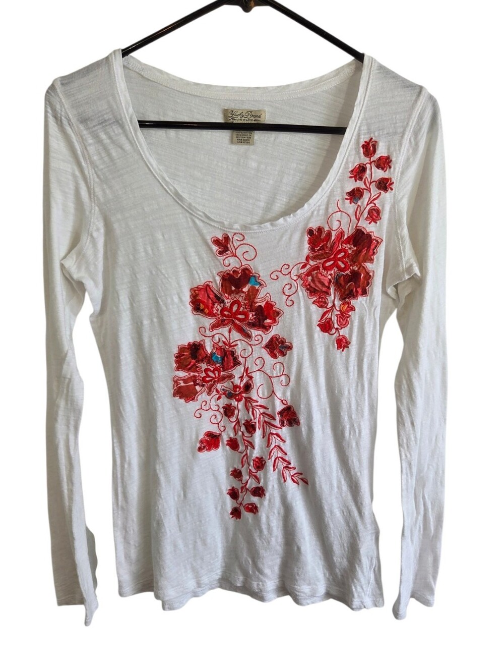 Lucky Brand Floral Embroidered Applique Scoop Neck 100% Cotton Top Size M